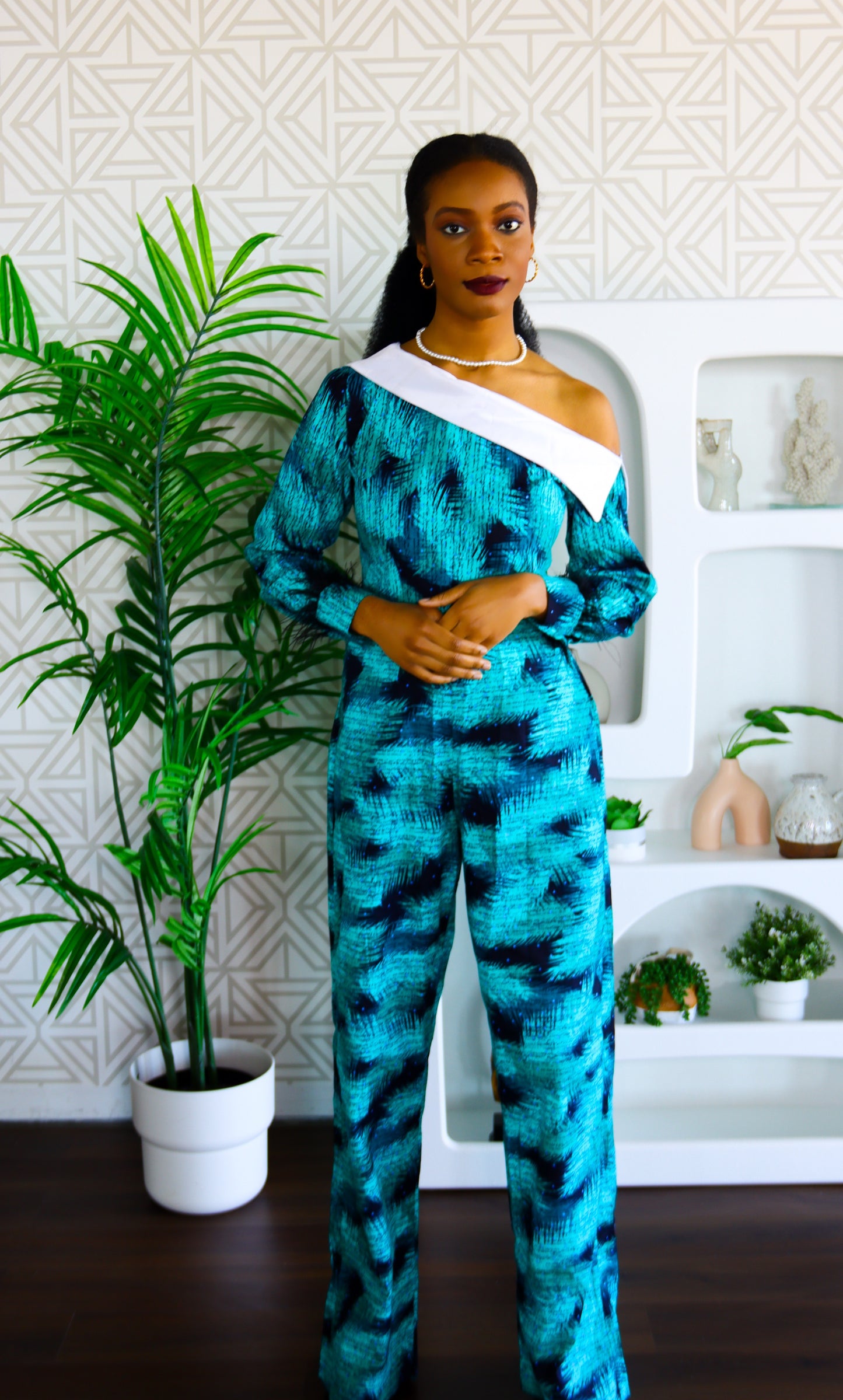 Bukola Ankara asymmetrical white collar neckline Jumpsuit