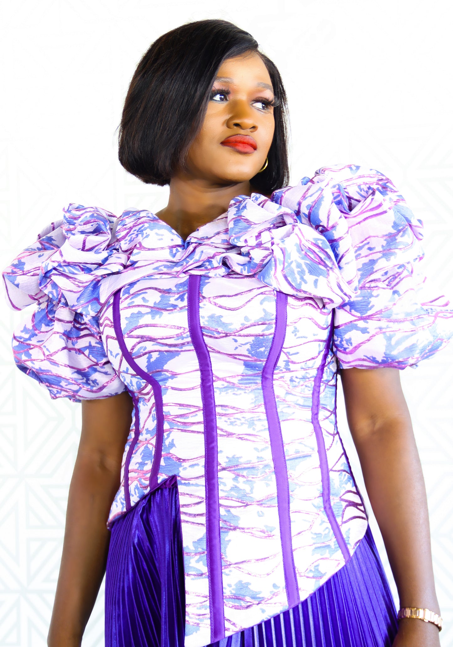 Tomisin Ruffled neckline Victorian corset blouse and plisse pant set