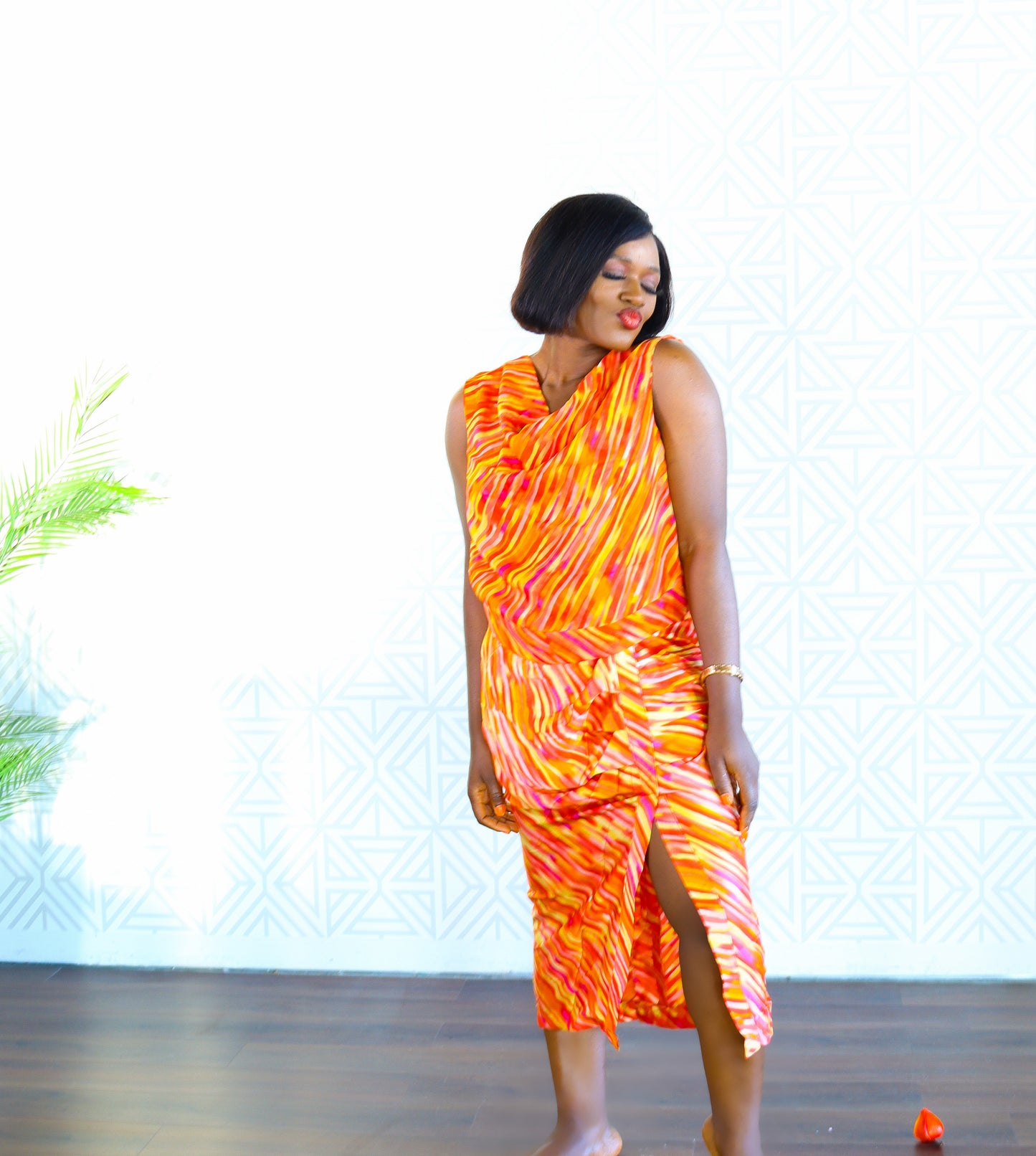 Wonder Adire silk and chiffon set for women (orange)