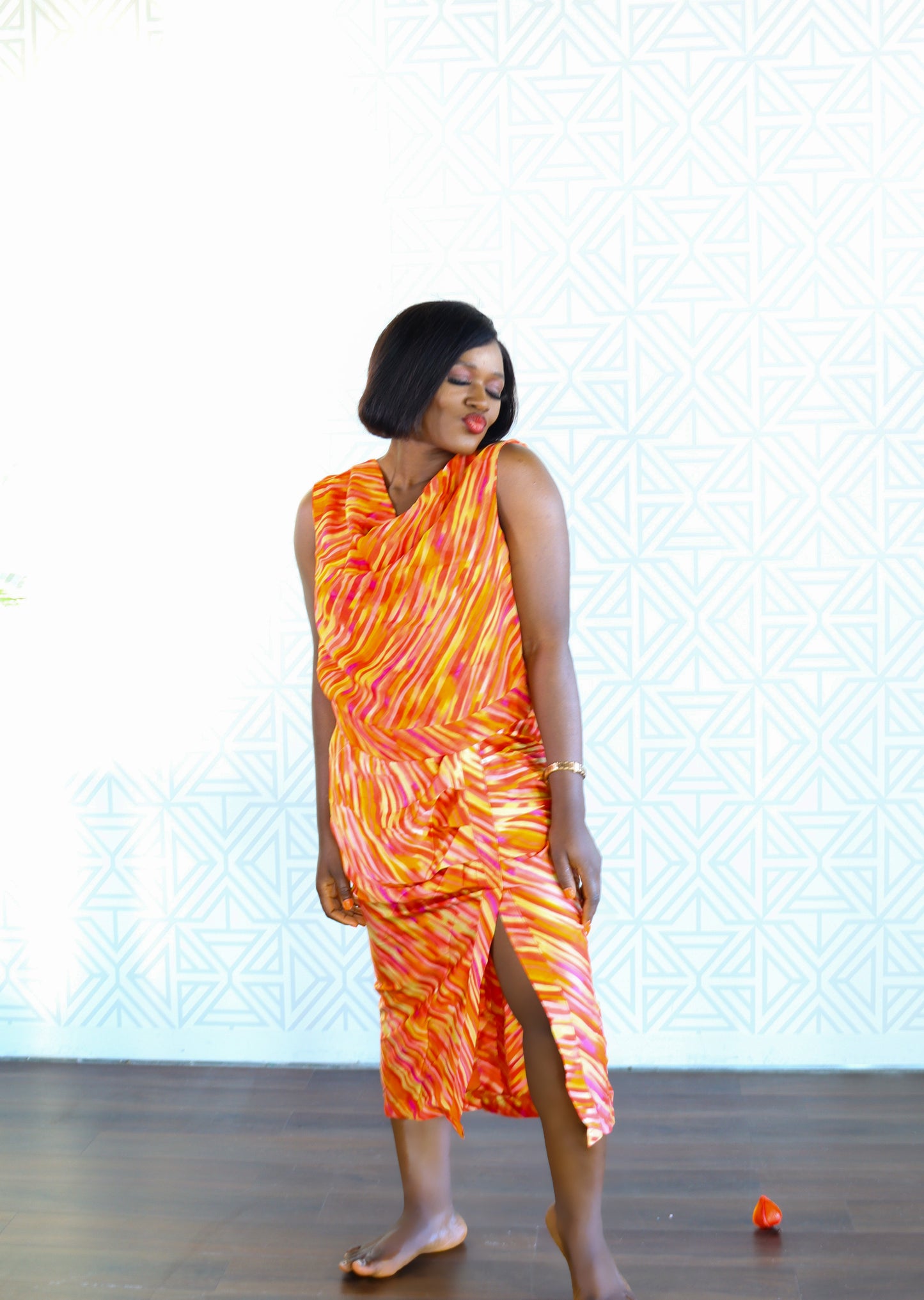 Wonder Adire silk and chiffon set for women (orange)
