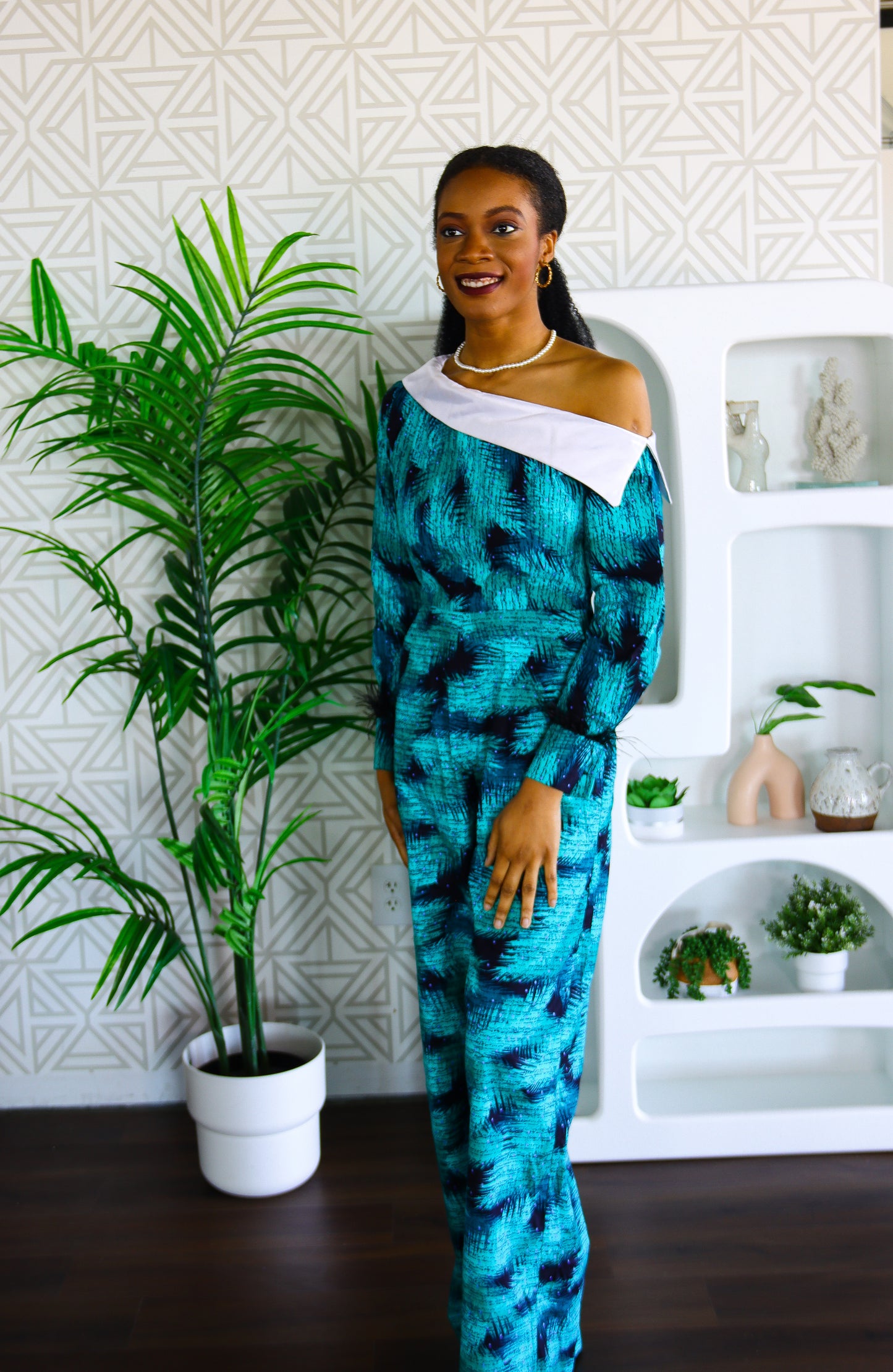 Bukola Ankara asymmetrical white collar neckline Jumpsuit
