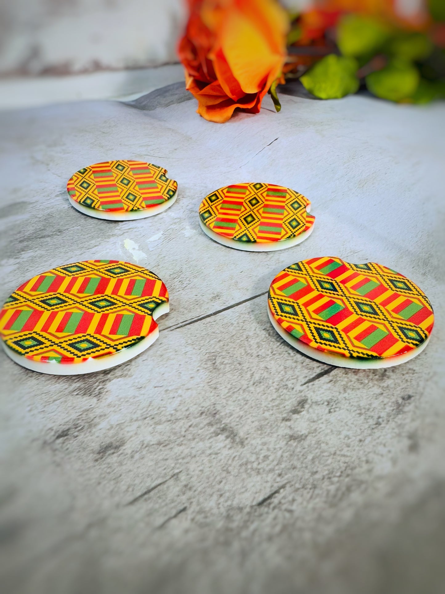 Ankara kente Afrocentric design ceremic cup coasters for cars, home office, gifts
