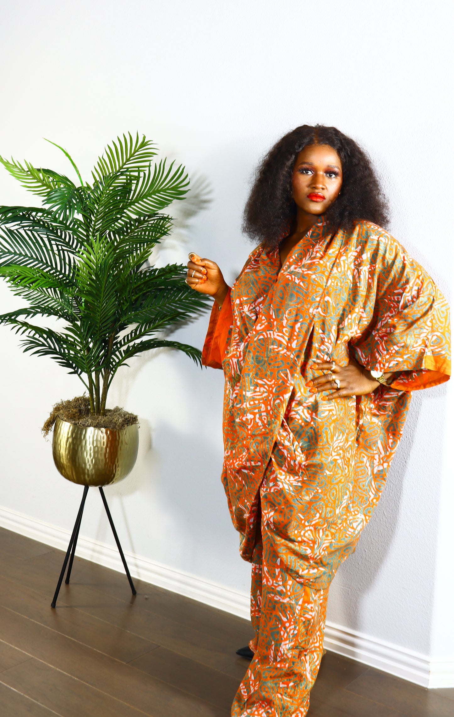 Aderonke Wrap blouse and pant adire set (Orange)