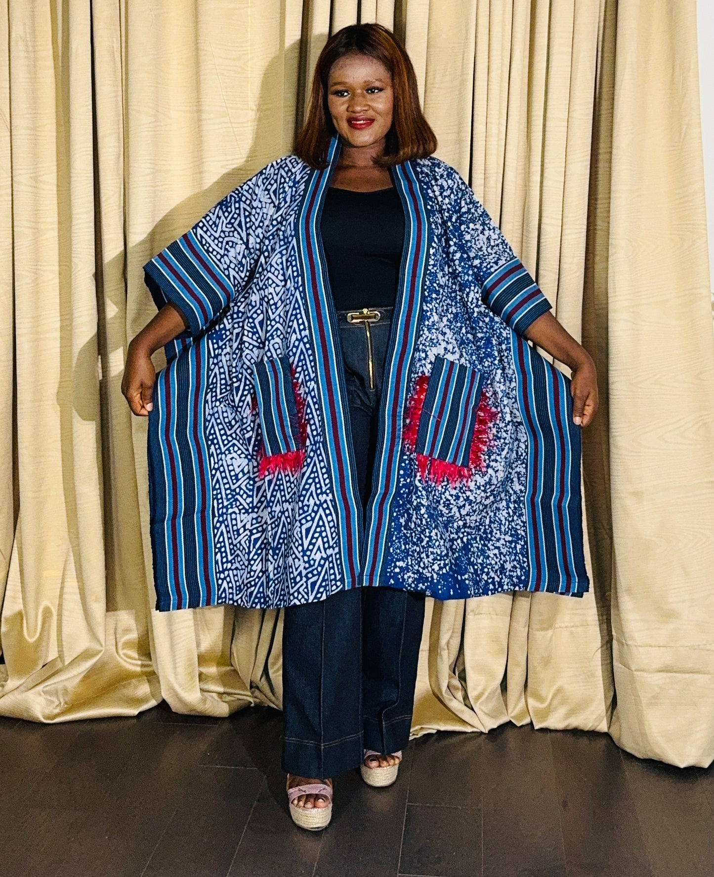 Adetola Adire African print Aso oke Kimono Duster with pockets (Blue)