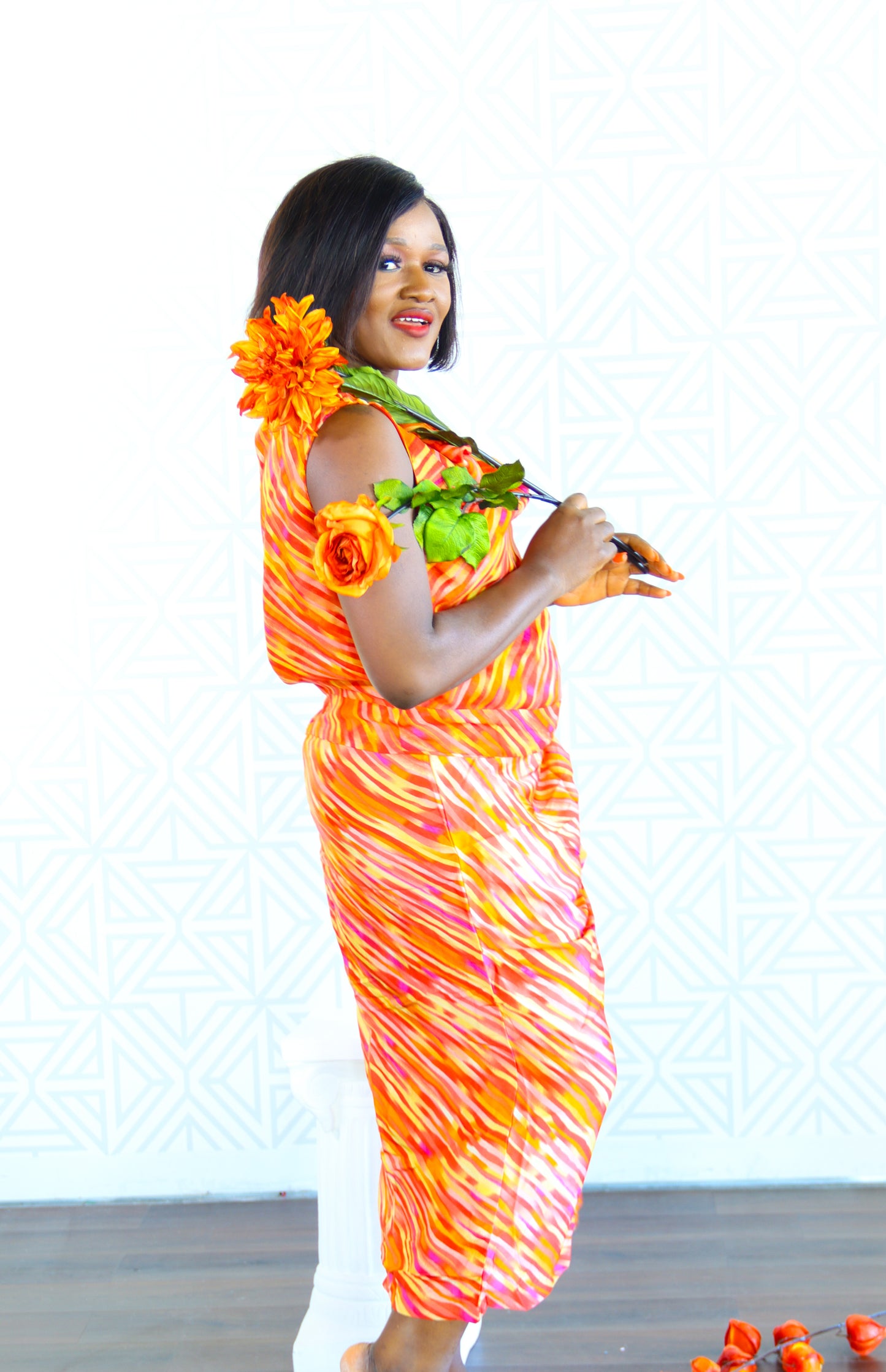 Wonder Adire silk and chiffon set for women (orange)