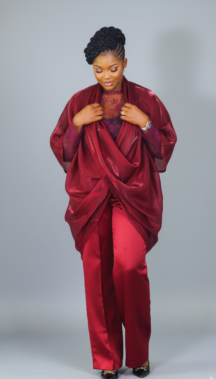 Sharon chantily mikado and organdy three piece burgundy set