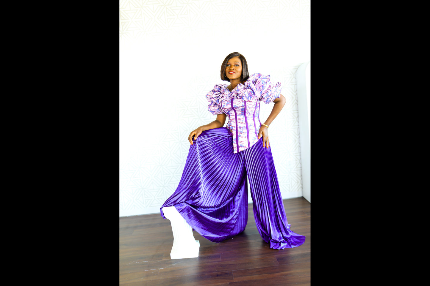 Tomisin Ruffled neckline Victorian corset blouse and plisse pant set