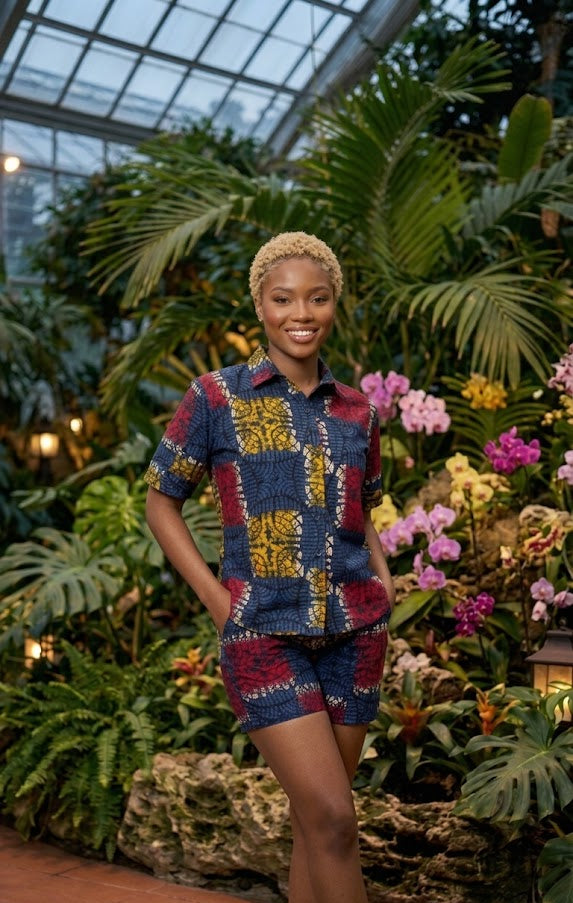 Woman in a colorful outfit standing in a greenhouse with plants and flowers.