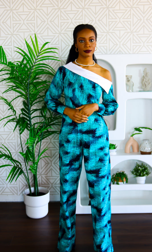 Bukola Ankara asymmetrical  white collar neckline Jumpsuit