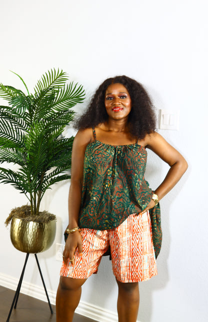 Farida sleeveless adire crepe two piece set (Green)