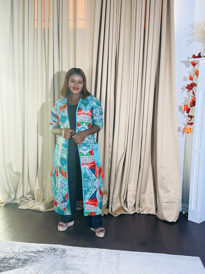 Demi African print Kimono Duster with pockets and tassels