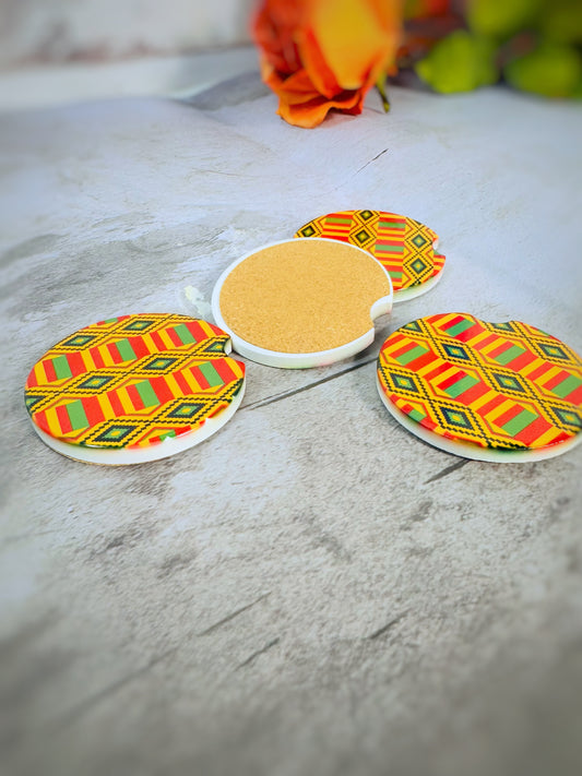 Ankara kente Afrocentric design ceremic cup coasters for cars, home office, gifts