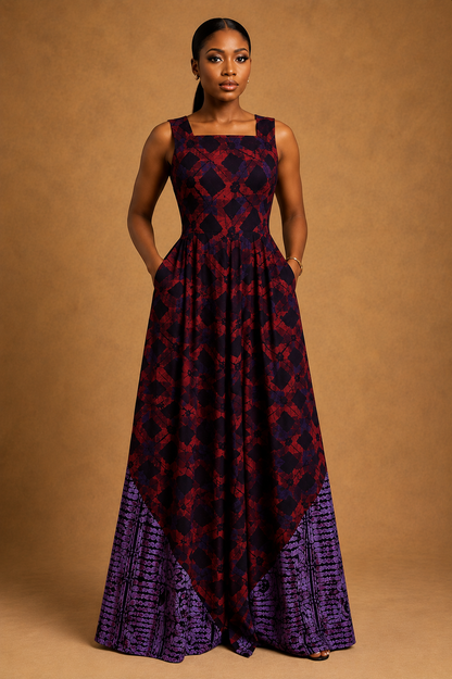 A woman modeling a sleeveless floor-length dress with a dark navy and red geometric pattern on the bodice and a purple patterned hem, set against a solid tan studio backdrop.
