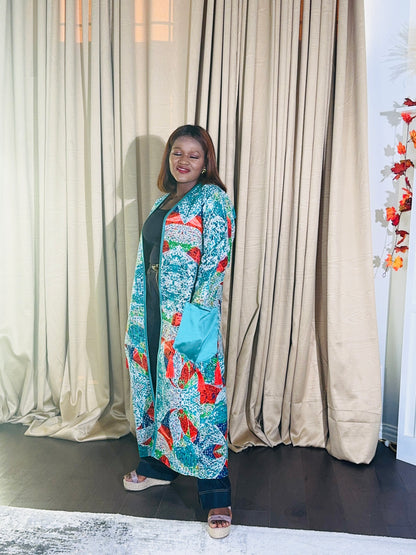 Demi African print Kimono Duster with pockets and tassels