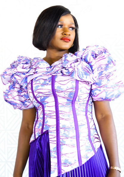 Tomisin Ruffled neckline Victorian corset blouse and plisse pant set