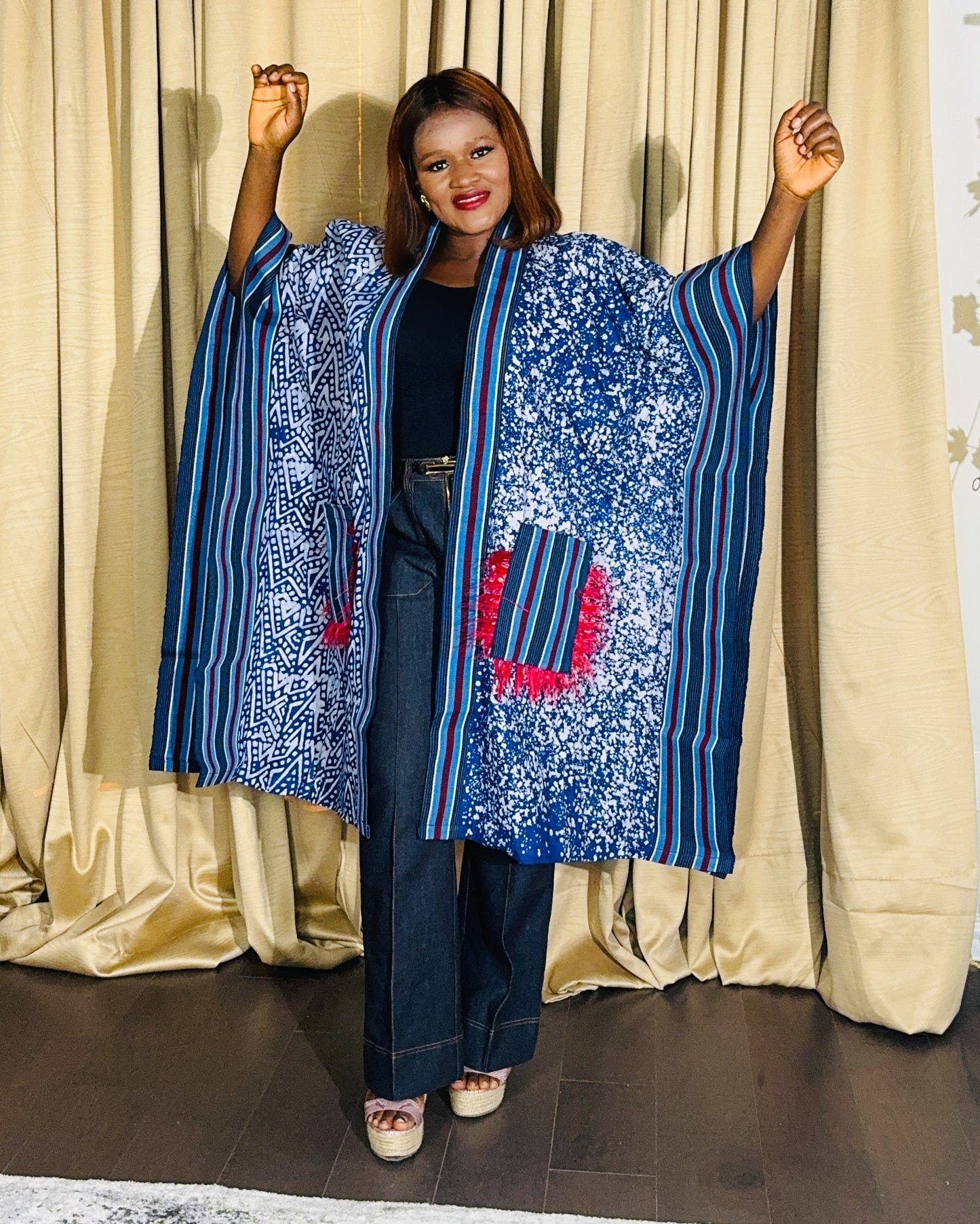 Adetola Adire African print Aso oke Kimono Duster with pockets (Blue)