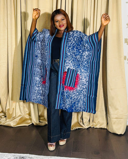 Adetola Adire African print Aso oke Kimono Duster with pockets (Blue)