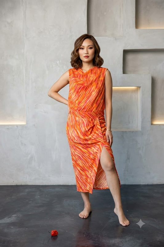 Wonder Adire silk and chiffon set for women (orange)