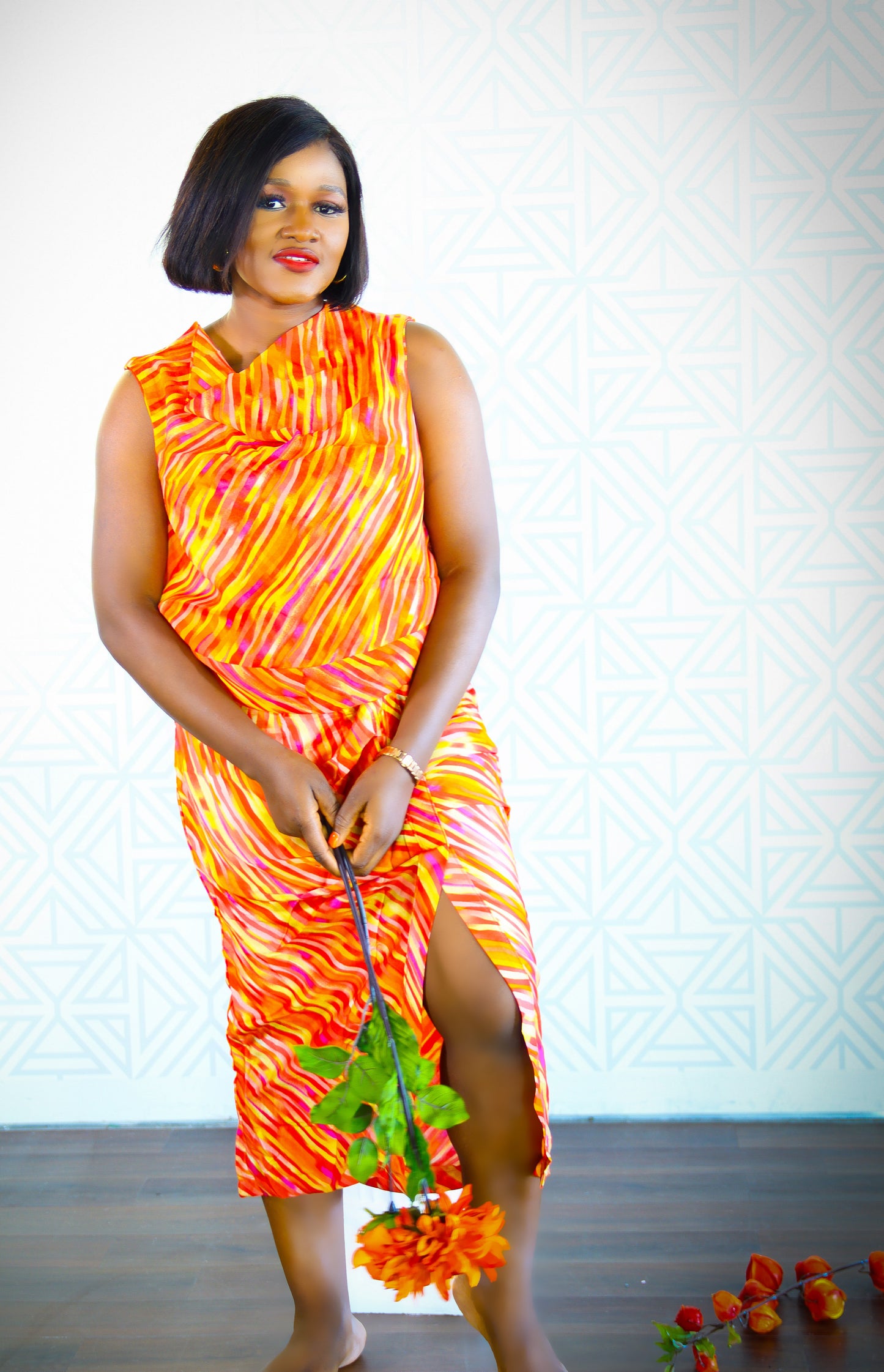 Wonder Adire silk and chiffon set for women (orange)