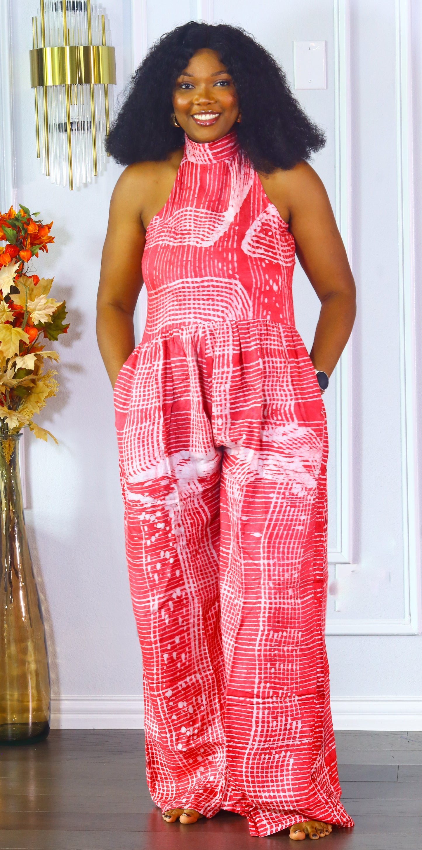 Adeore adire sleeveless women jumpsuit (Pink and white)