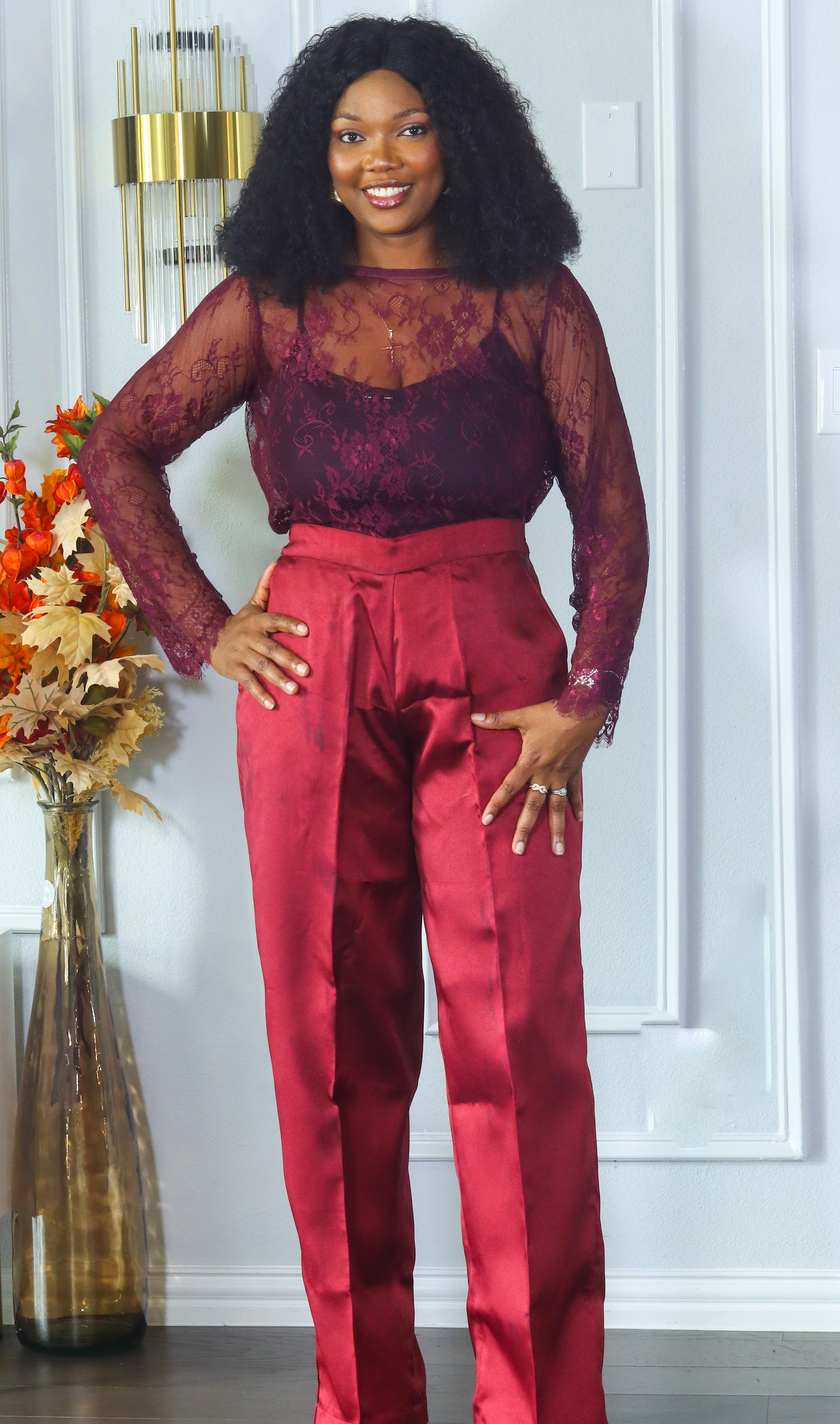 Sharon chantily mikado and organdy three piece burgundy set