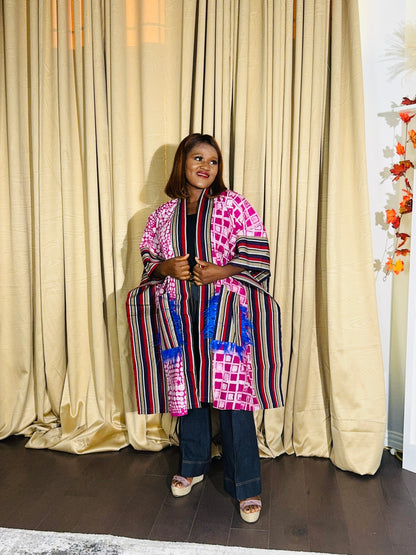 Adetola Adire African print Aso oke Kimono Duster with pockets (Pink)