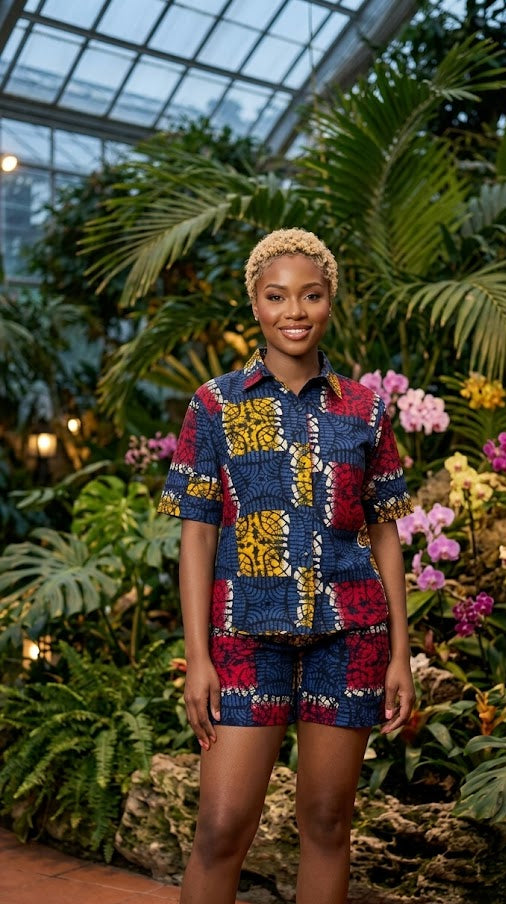 Woman in a colorful outfit standing in a greenhouse with plants and flowers.