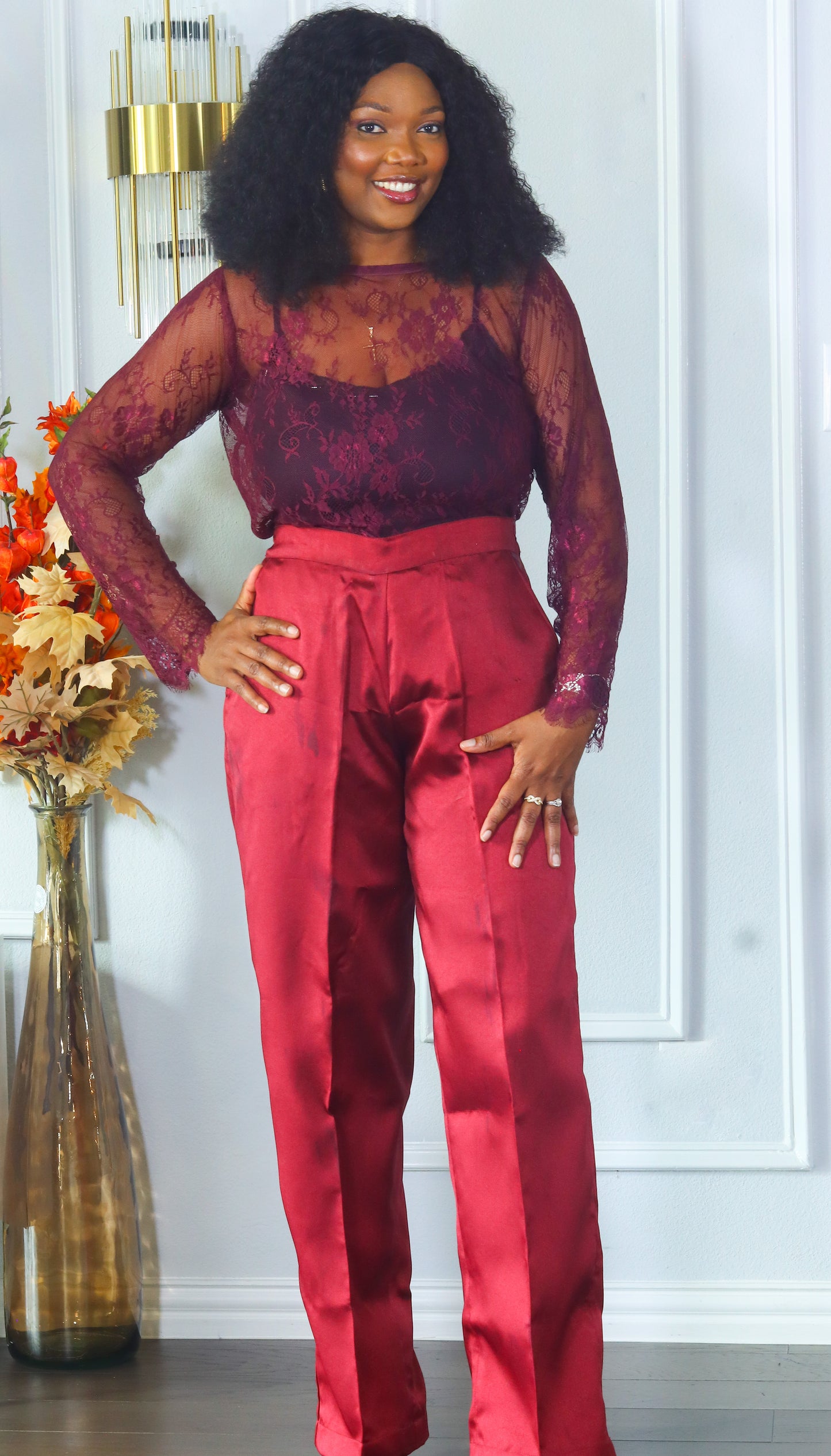 Sharon chantily mikado and organdy three piece burgundy set