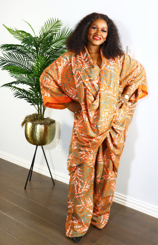 Aderonke Wrap blouse and pant adire set (Orange)