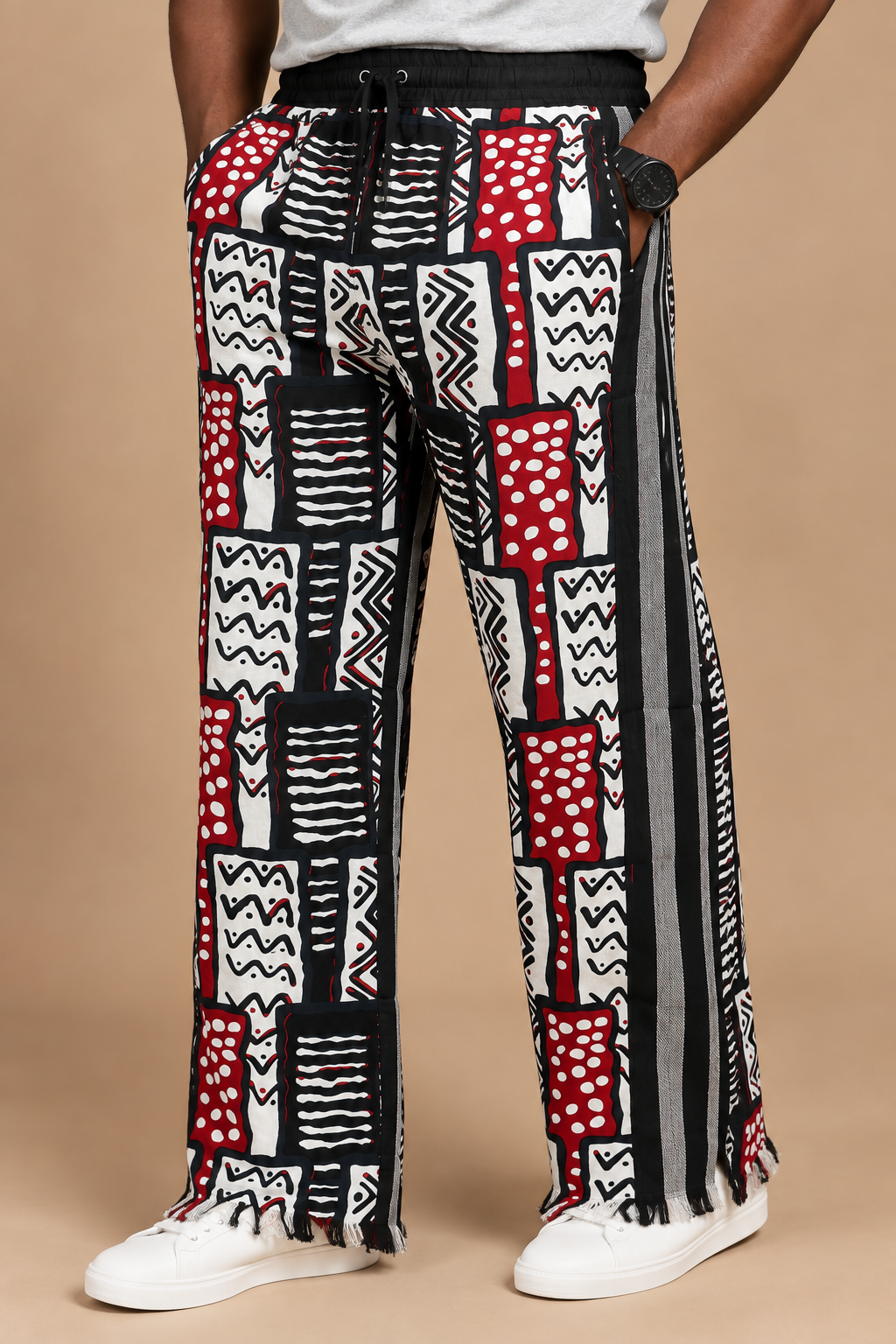 Olufemi Handmade white and black Ankara Cotton Pants | African Print Men's Trousers (Drawstring)