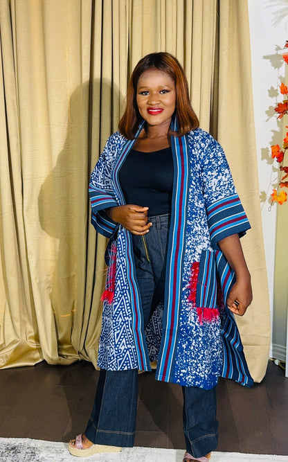 Adetola Adire African print Aso oke Kimono Duster with pockets (Blue)