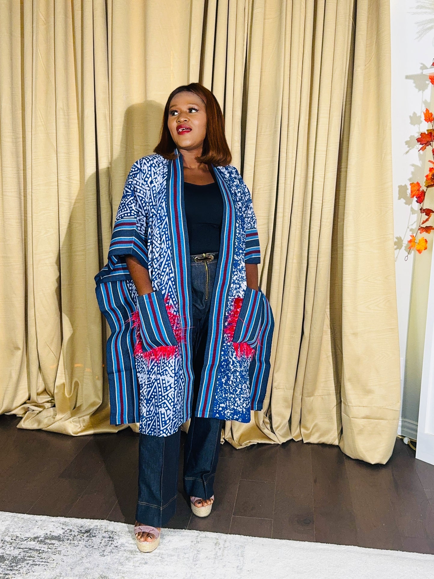 Adetola Adire African print Aso oke Kimono Duster with pockets (Blue)