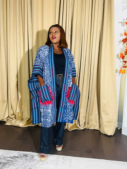 Adetola Adire African print Aso oke Kimono Duster with pockets (Blue)