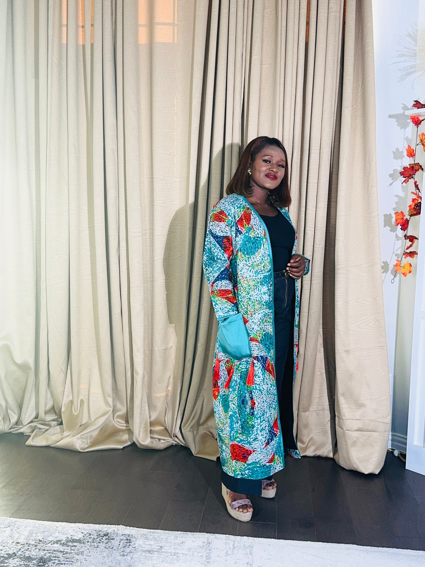 Demi African print Kimono Duster with pockets and tassels