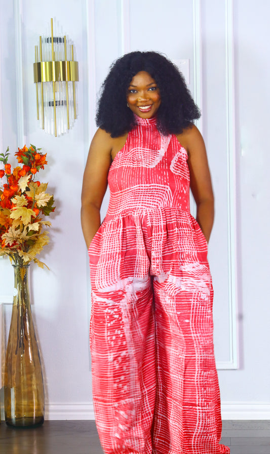 Adeore adire sleeveless women jumpsuit (Pink and white)