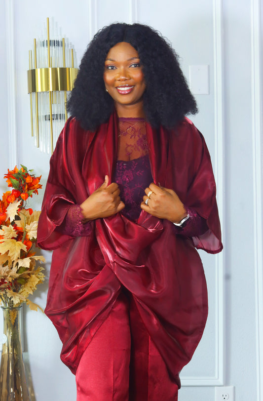 Sharon chantily mikado and organdy three piece burgundy set