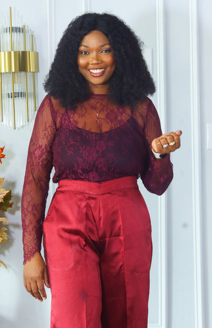 Sharon chantily mikado and organdy three piece burgundy set