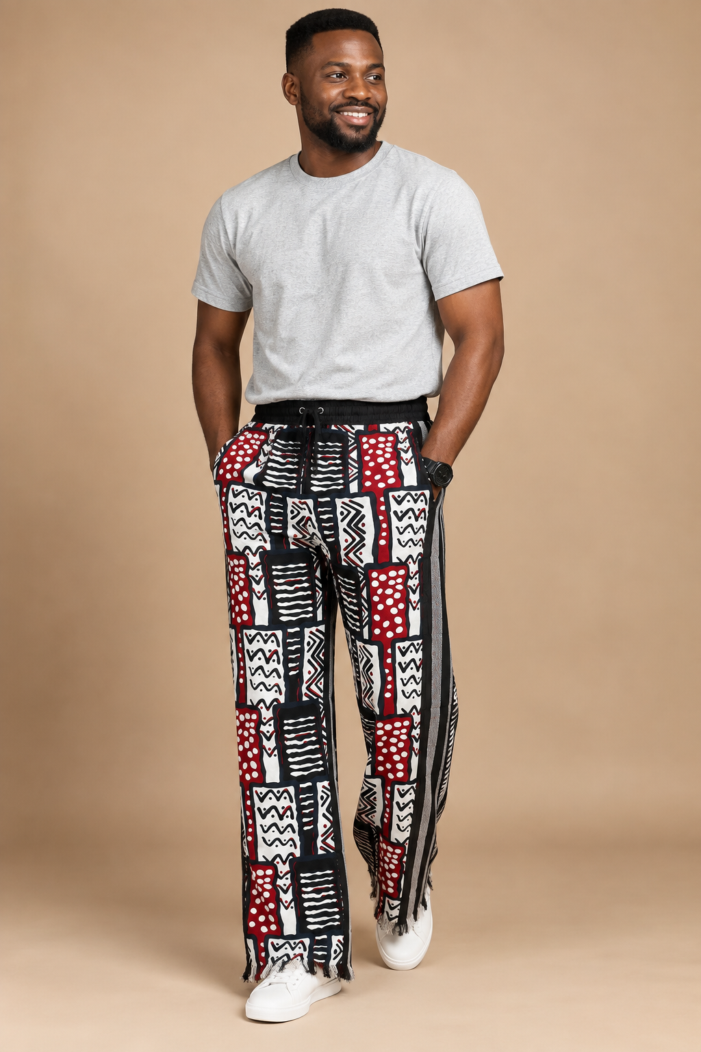 Olufemi Handmade white and black Ankara Cotton Pants | African Print Men's Trousers (Drawstring)