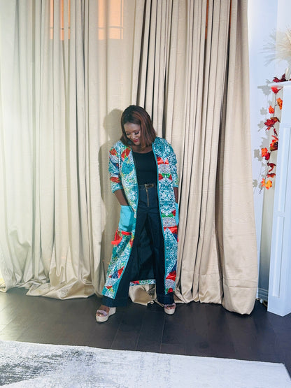 Demi African print Kimono Duster with pockets and tassels