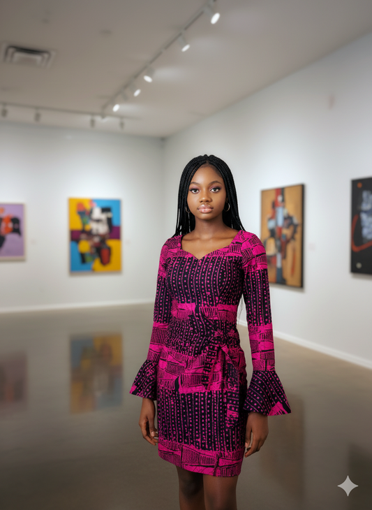 Laanu African print Front wrap dress with Flared sleeves