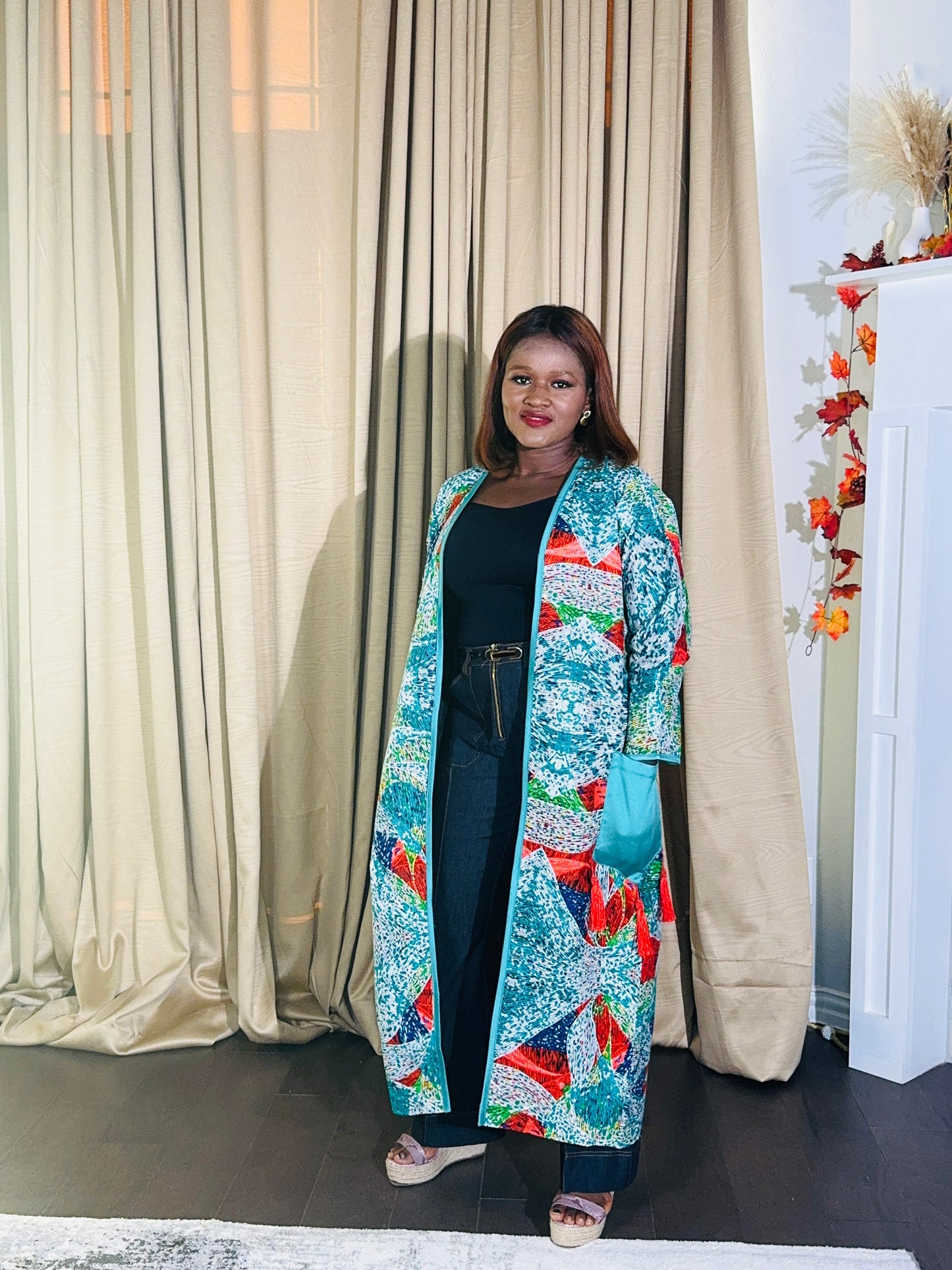 Demi African print Kimono Duster with pockets and tassels