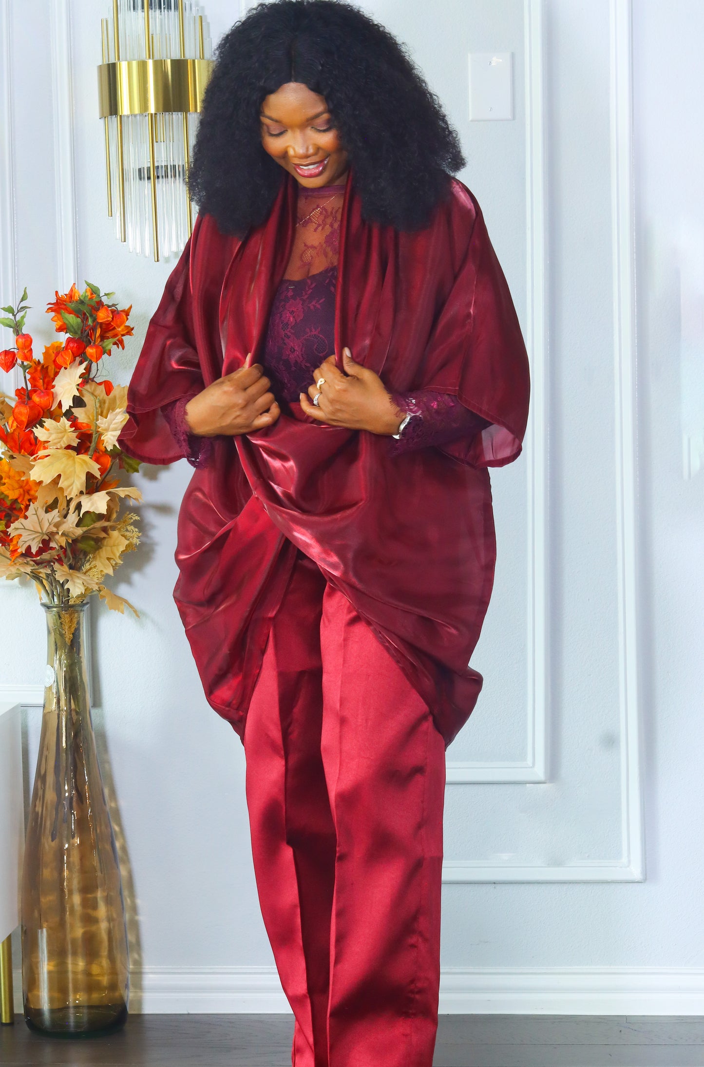 Sharon chantily mikado and organdy three piece burgundy set
