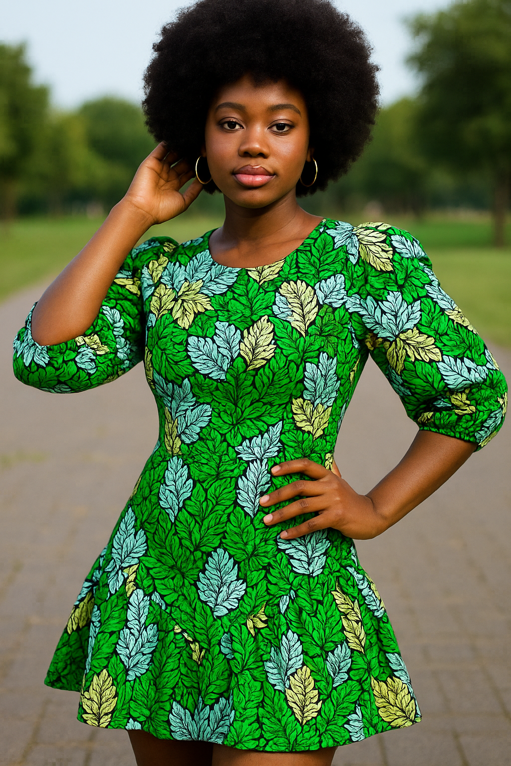 African print Hadiza dress with V shaped gathers Hem