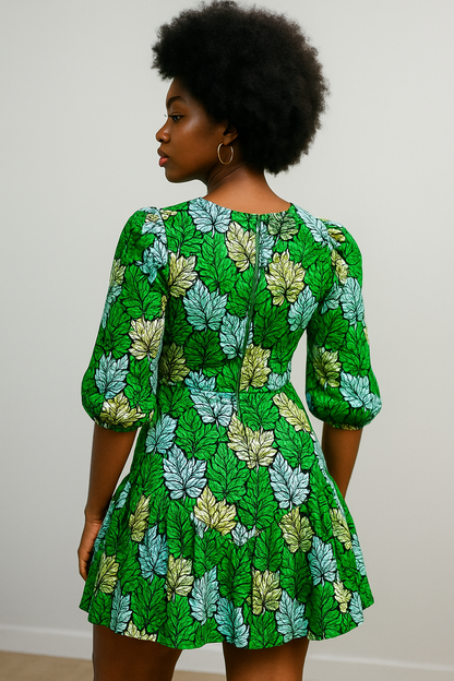 African print Hadiza dress with V shaped gathers Hem