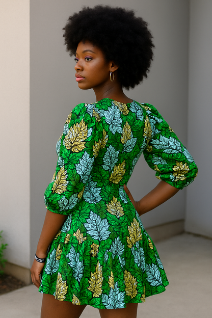 African print Hadiza dress with V shaped gathers Hem