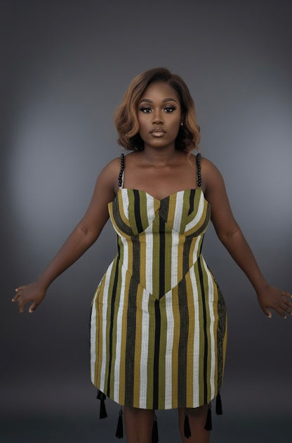 Agbeke Aso oke corset cinched waist dress (Green)