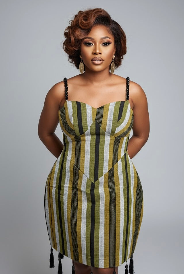 Agbeke Aso oke corset cinched waist dress (Green)