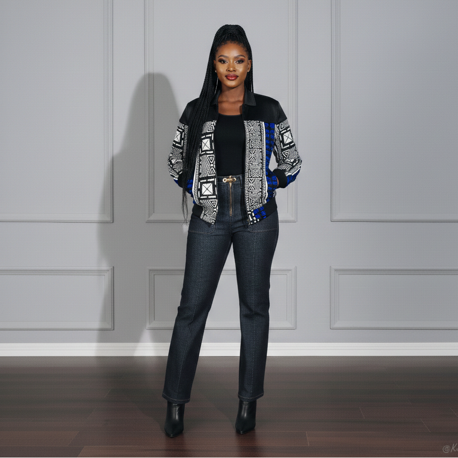 Woman wearing a patterned jacket and jeans against a gray paneled wall.