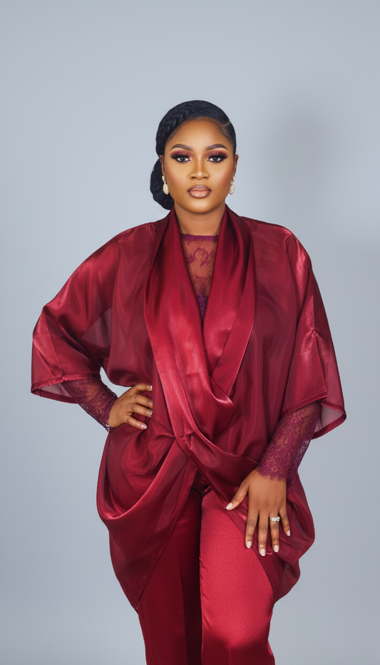 Sharon chantily mikado and organdy three piece burgundy set