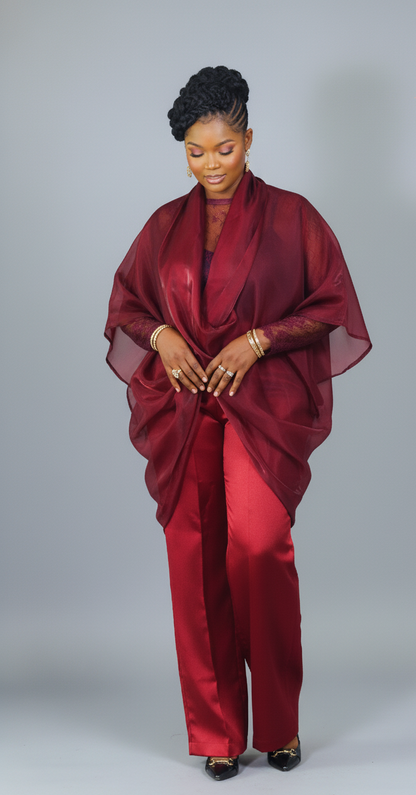 Sharon chantily mikado and organdy three piece burgundy set